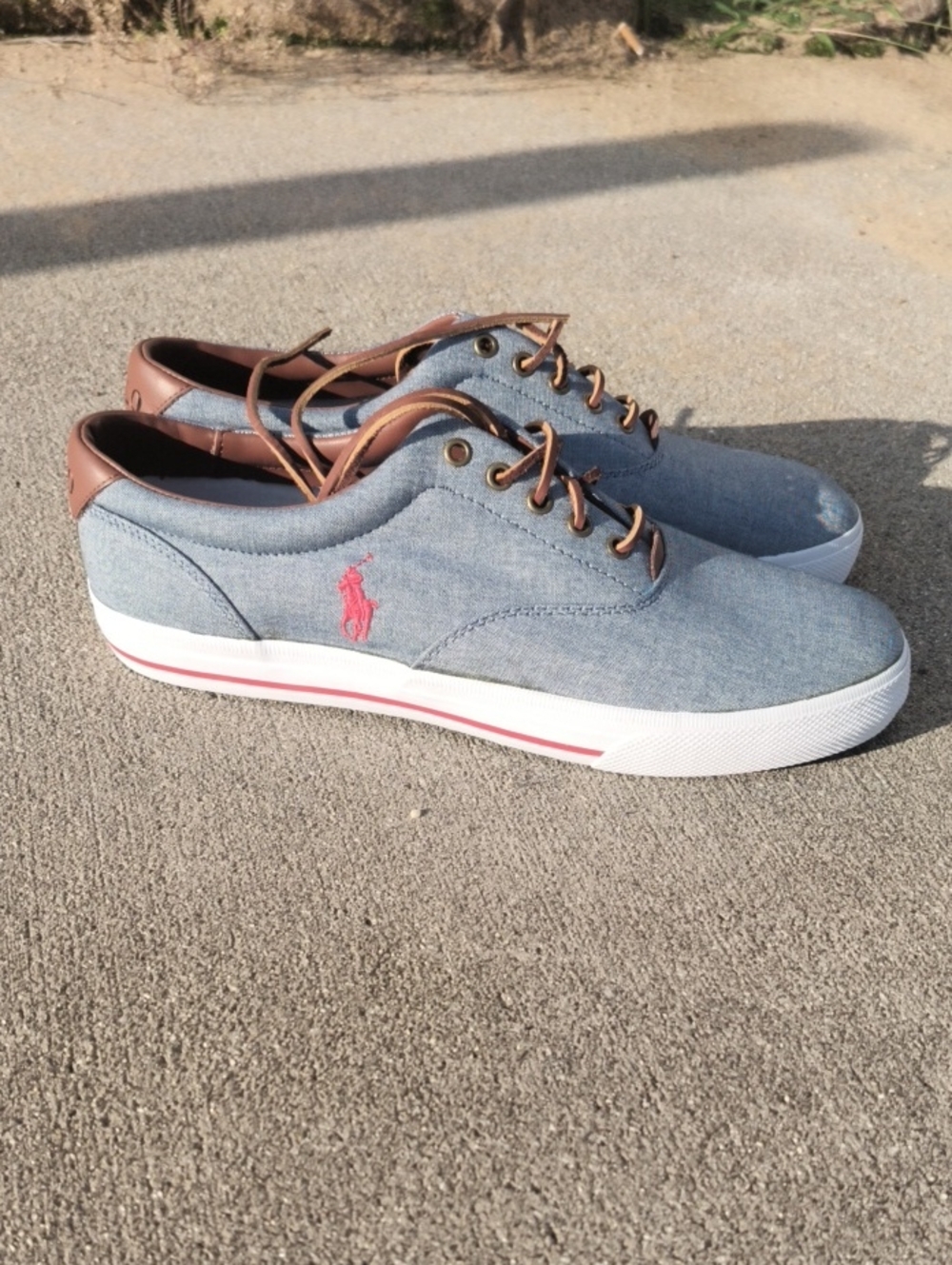 Polo by Ralph Lauren Light Denim Low-Top Sneaker with Red Logo and Brown Trim